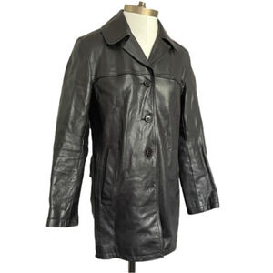Vintage 90s Y2K Roots Black 100% Leather Straight Cut Mid Length Car Coat - 6/S